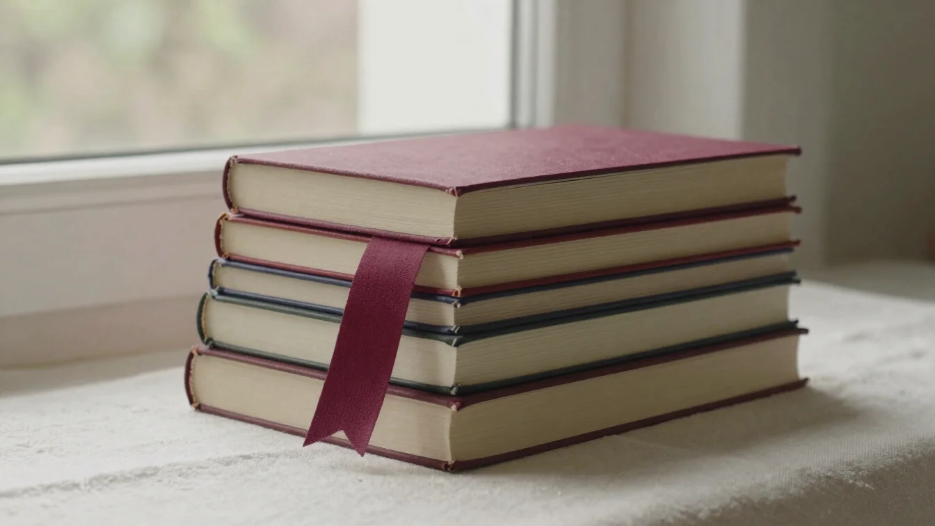 Close editorial photograph of a stack of novels on a cream linen