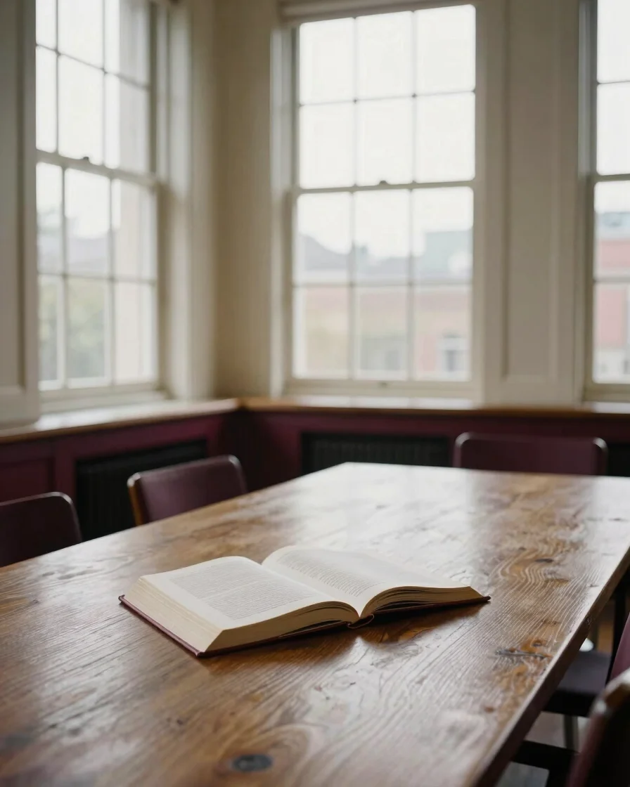 Reading room with a long oak table, a single open book, and tall