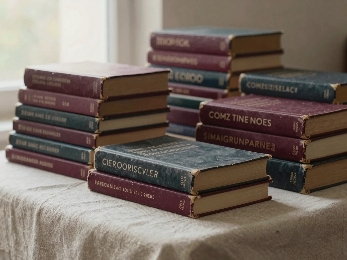 Close editorial photograph of worn paperback novels with Spanish-language spines stacked on a cream linen tablecloth, so