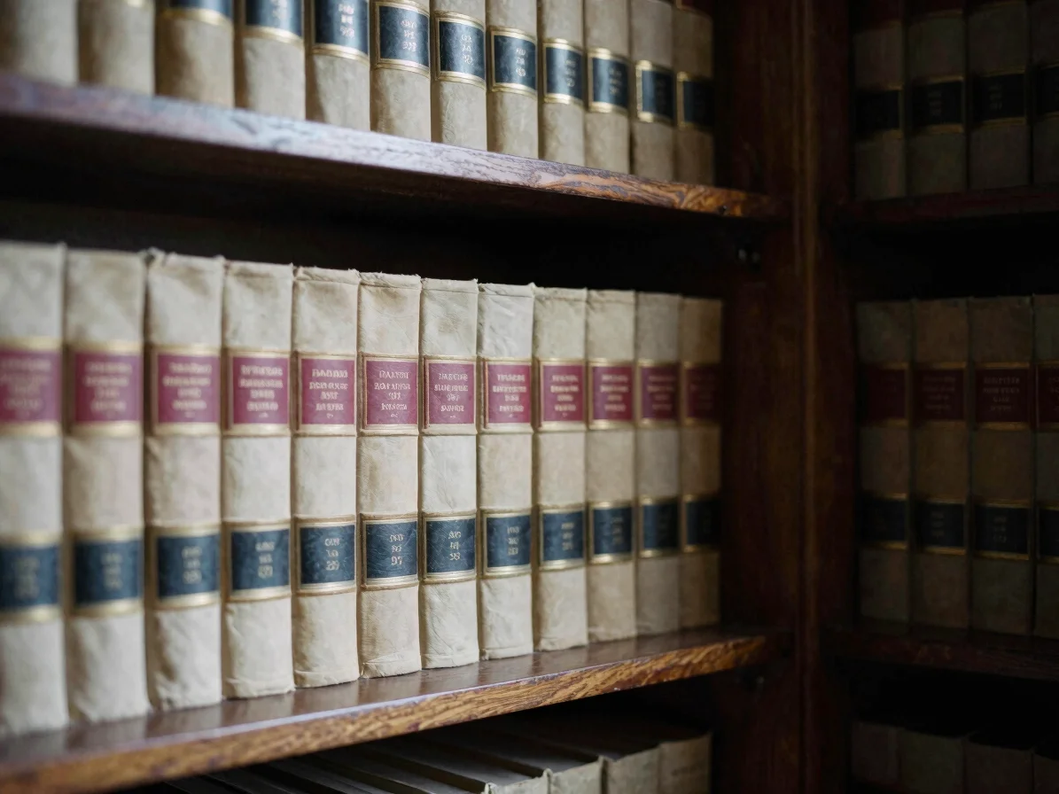 Editorial photograph of a dim library corner with old hardcover volumes on a dark oak shelf, soft window light falling a