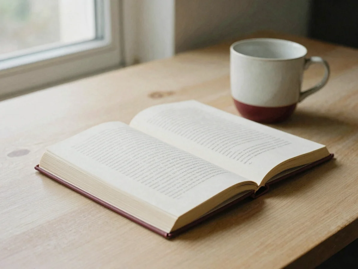 Close editorial photograph of an open book with vertical text lines resting beside a ceramic cup on a pale wooden table,