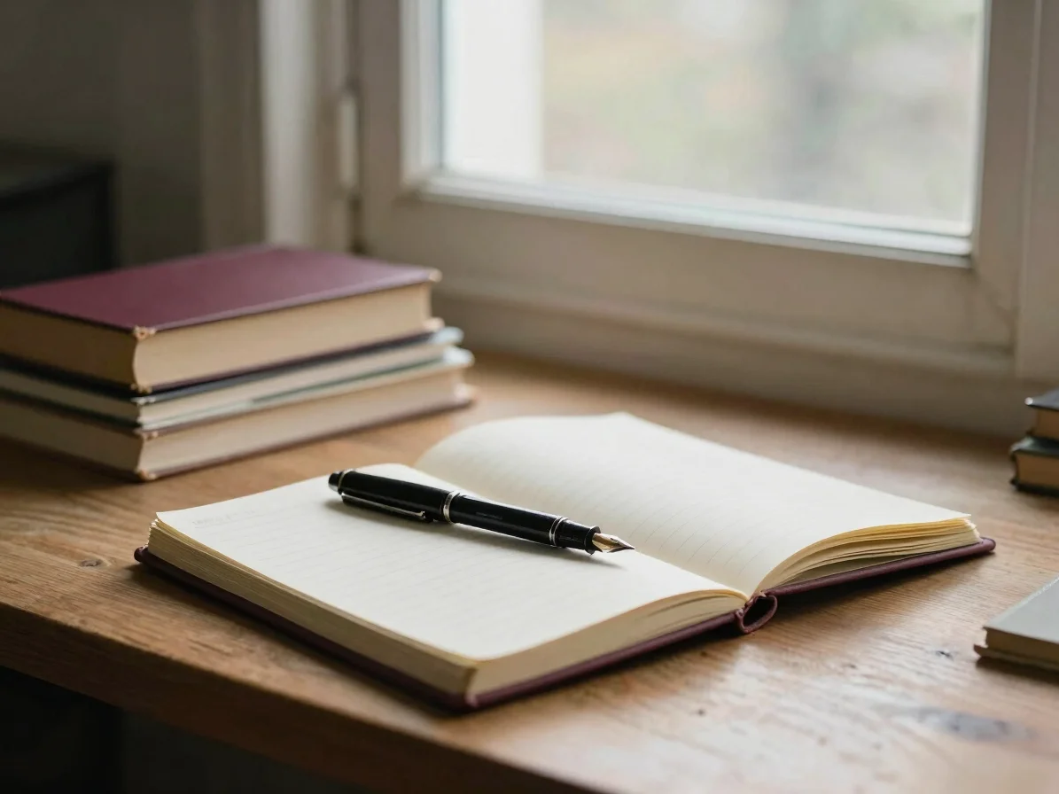 Wide editorial photograph of a writer's wooden desk by a window i