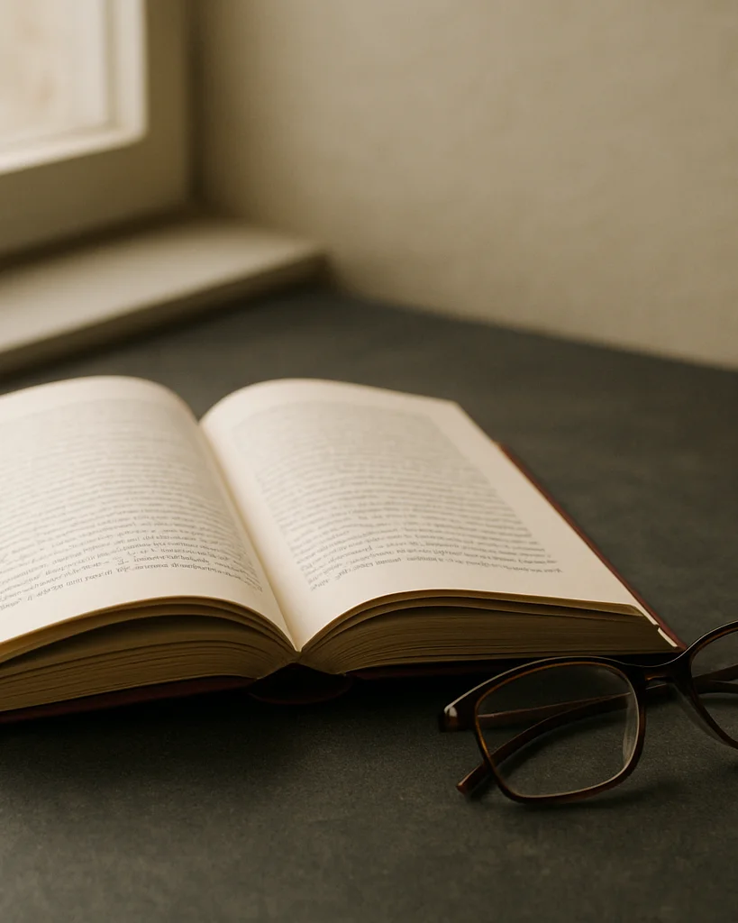 Close editorial detail of an open hardcover book on a charcoal re