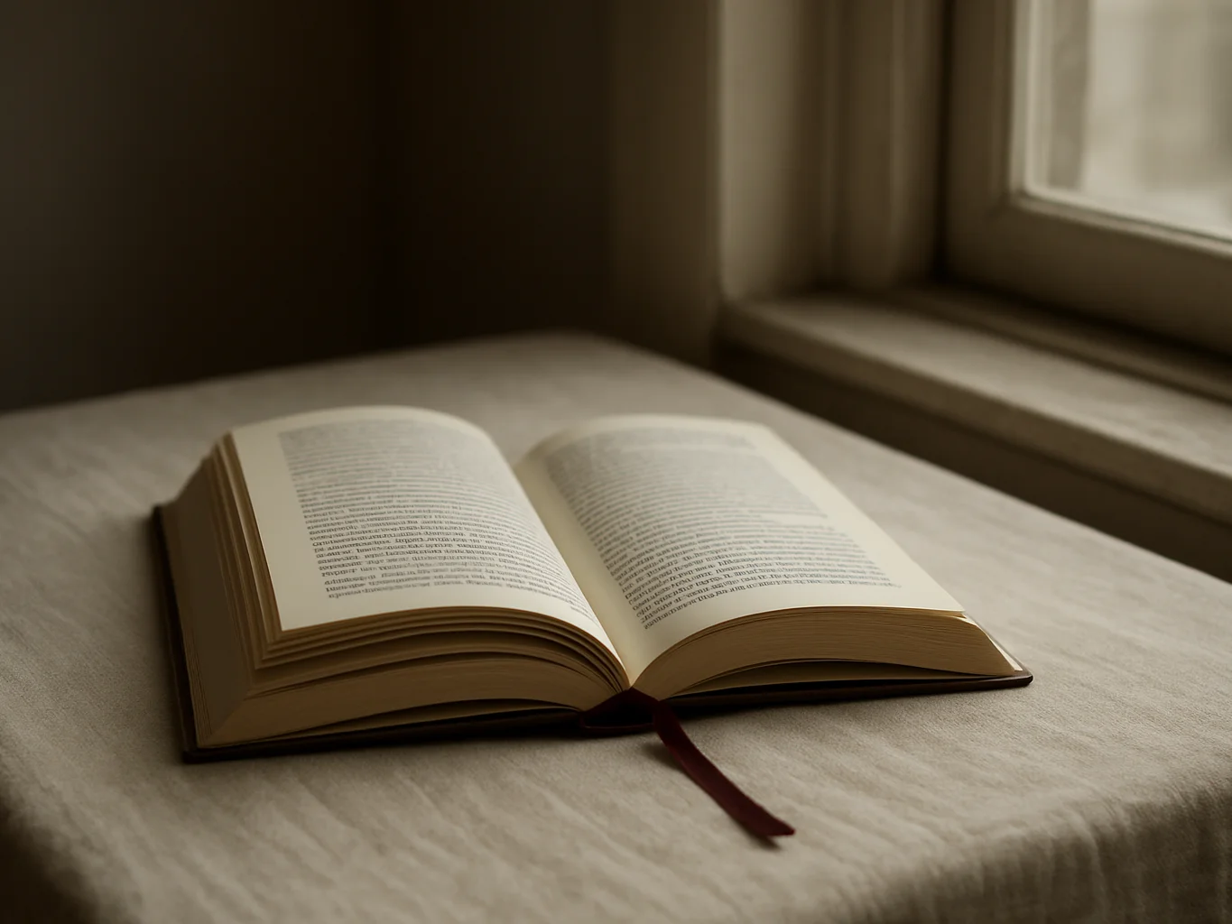 Wide editorial photograph of an open paperback resting on a cream