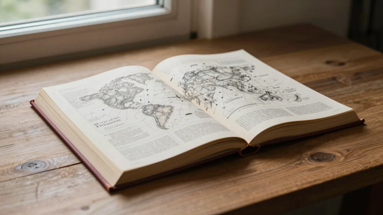 Editorial photograph of an open atlas beside translated paperback