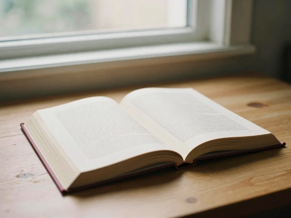 Editorial photograph of an open book on a wooden reading table be