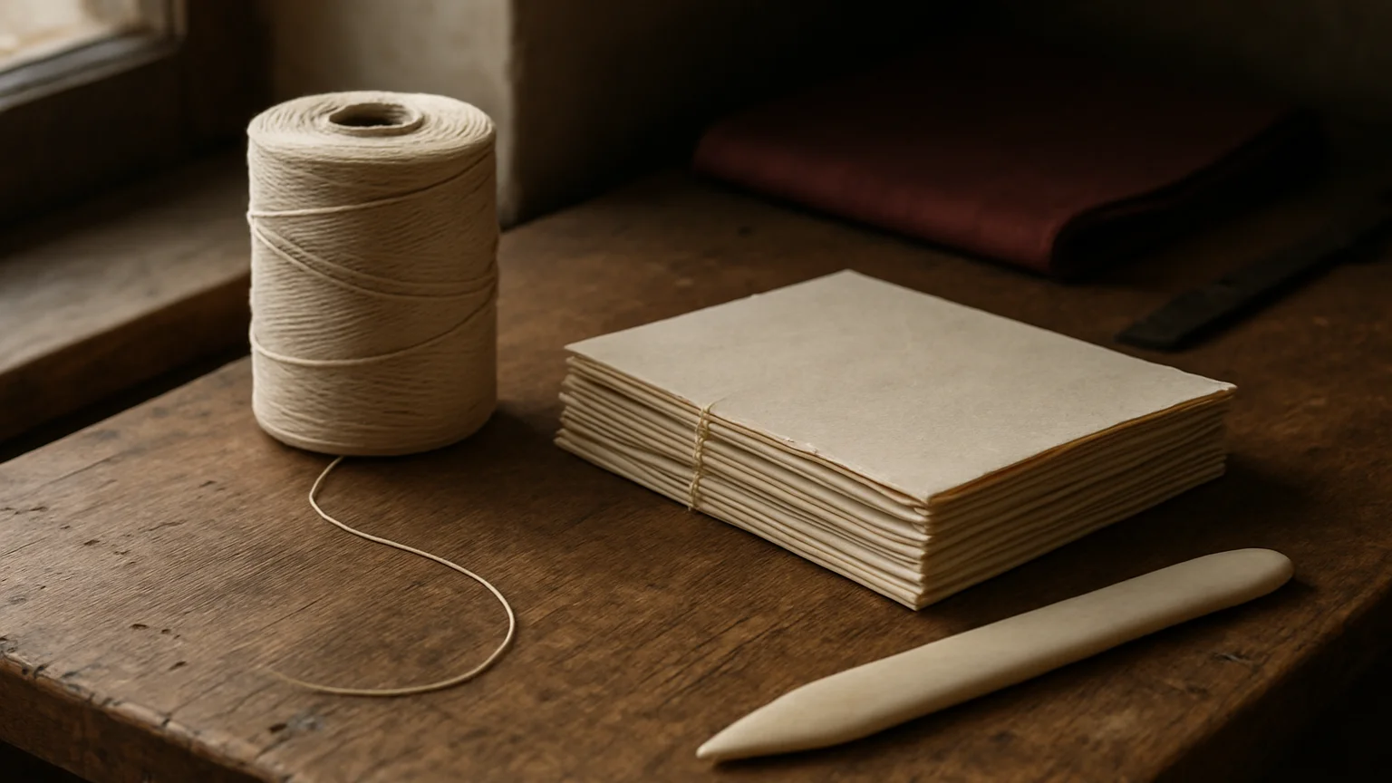 Detail photograph of a bookbinder's bench with thread, folded sig