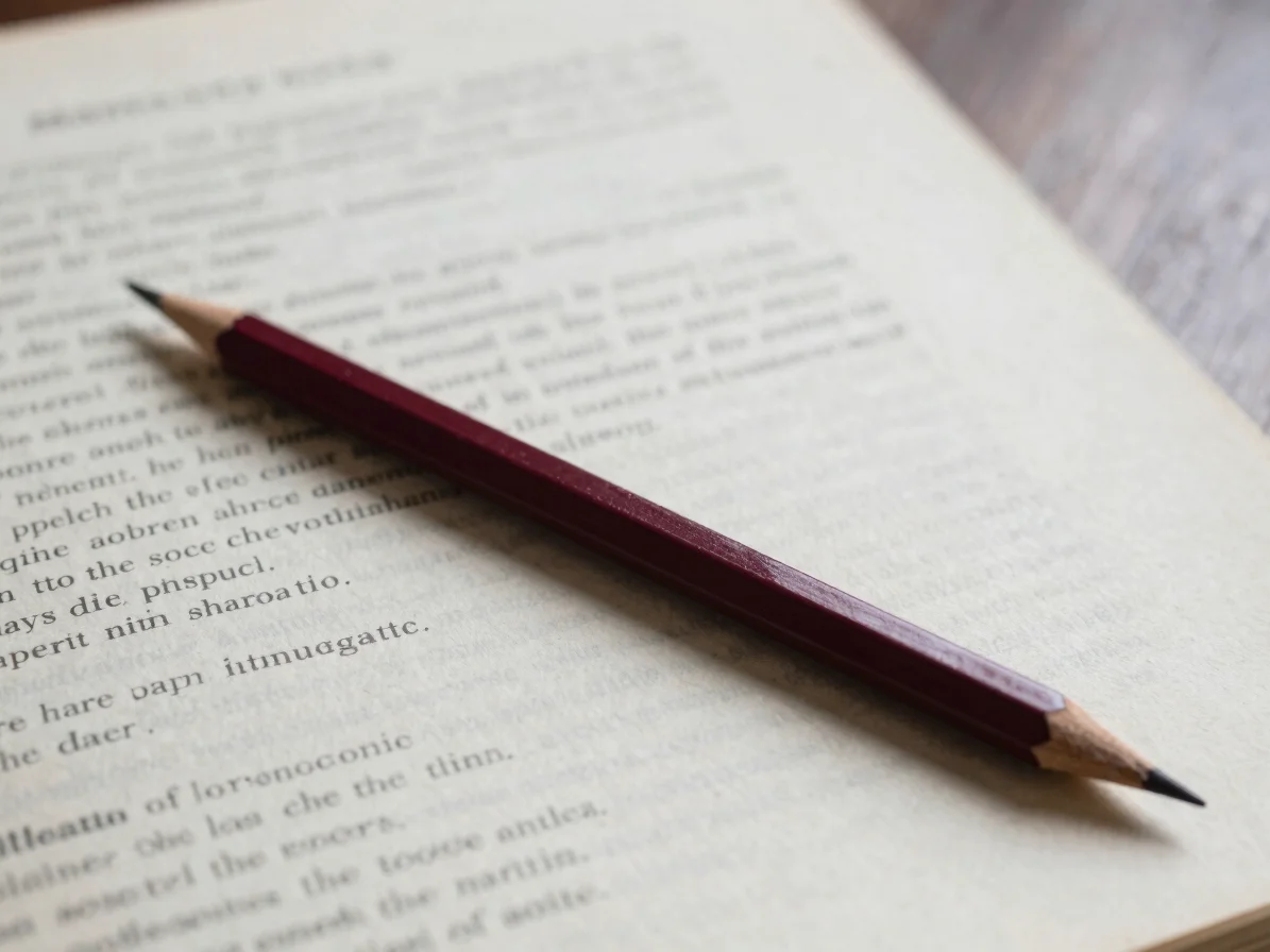 Close photograph of a pencil resting on a printed manuscript page