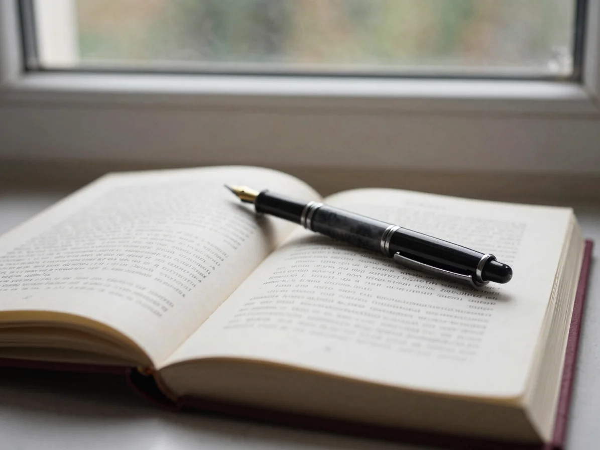 Soft window daylight across an open novel resting on a cream line