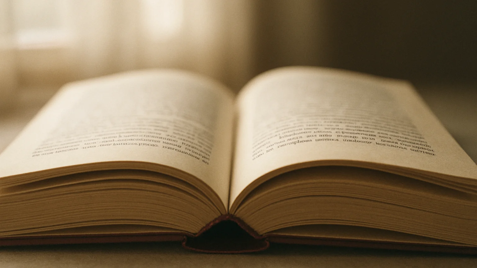 Close view of an open paperback spine and pages in soft window daylight, cream and burgundy tones, editorial photography