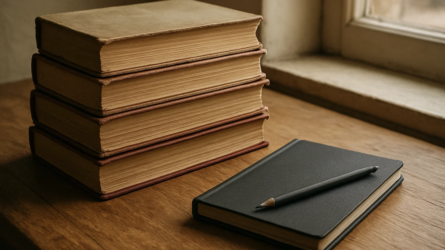 Stack of worn hardcover novels on a wooden reading table beside a charcoal notebook, soft daylight, editorial photograph