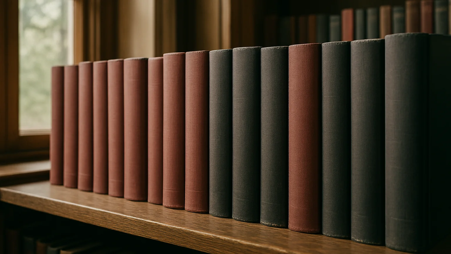 Quiet library shelf with lined book spines in muted burgundy and charcoal, natural window light, editorial photography,