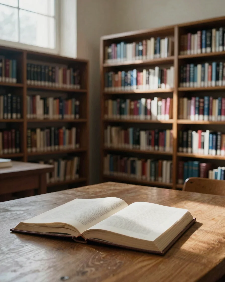 Wide-angle editorial photograph of a quiet library reading room,